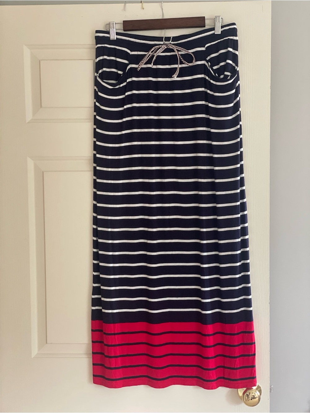 Max Studio Navy and White Striped Maxi Skirt with Red Hem